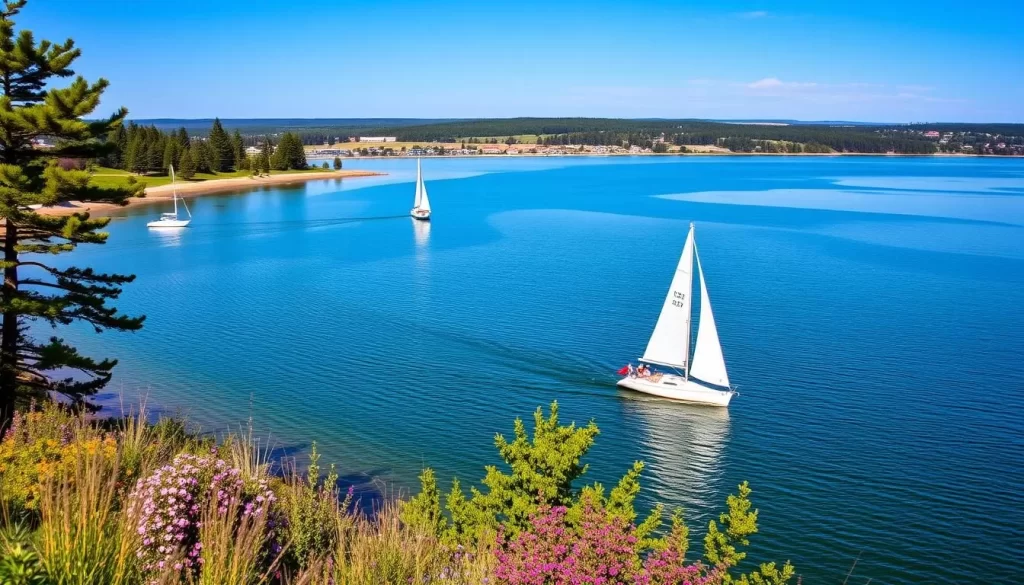 Generate an image of Lake Diefenbaker with sailboats and a scenic shoreline.