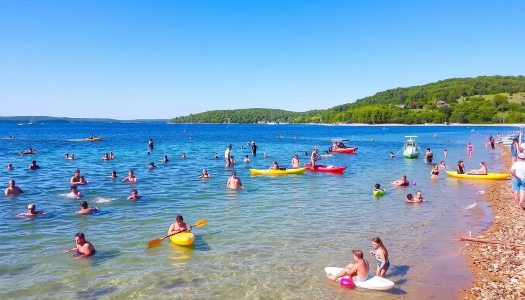 Generate an image of Lake Minnewasta and Colert Beach, showcasing people enjoying water activities.