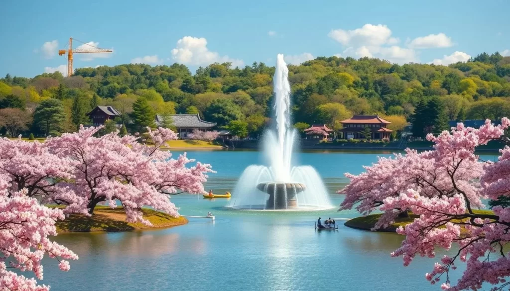 Generate an image of Lake Senba with its Big Fountain and cherry blossoms.
