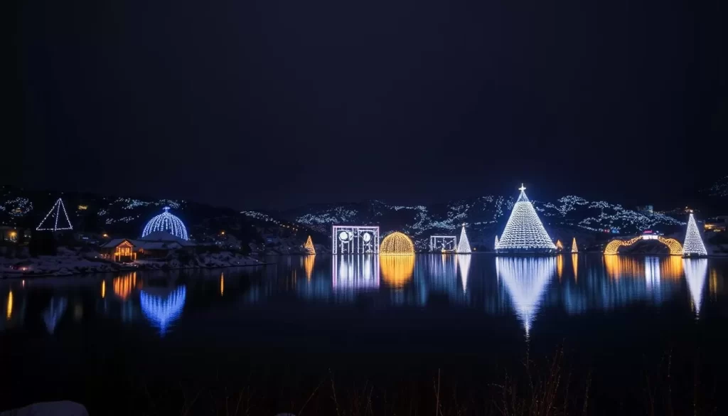 Generate an image of Lake Towada's serene winter landscape with thousands of LED lights arranged in artistic displays around the lake's shores.