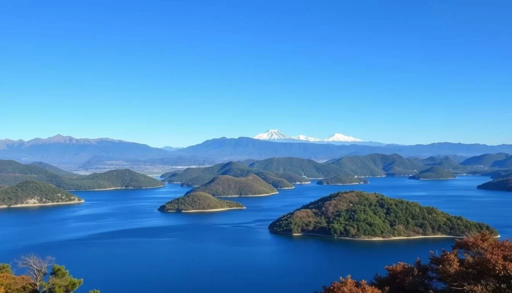 Generate an image of Lake Toya with its islands and surrounding mountains.