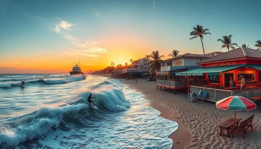 Generate an image of Las Peñitas beach with surfers riding the waves and beachfront restaurants serving fresh seafood.