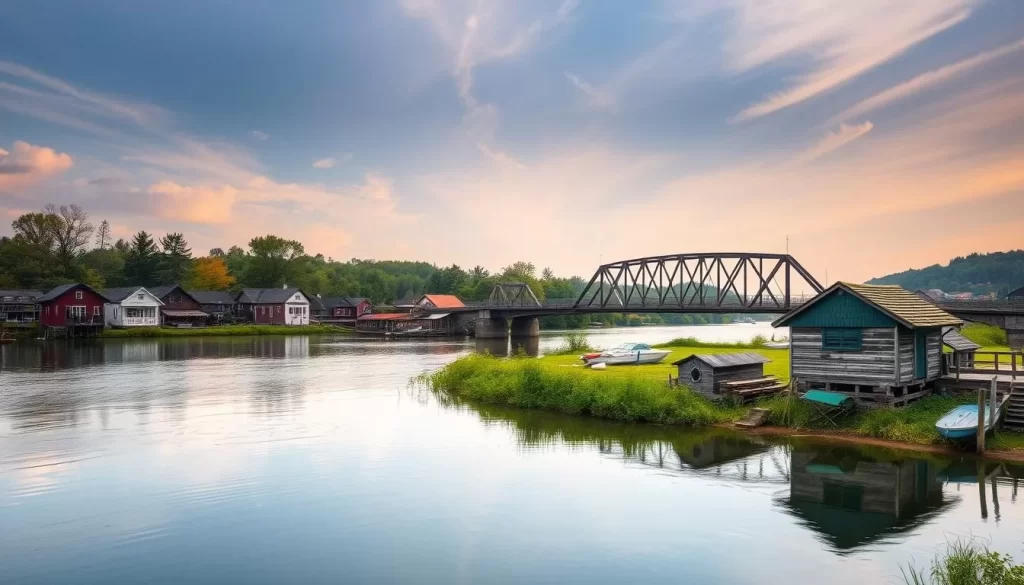 Generate an image of Latsch Island's boathouses and the Historic Wagon Bridge, highlighting the scenic beauty of the area.