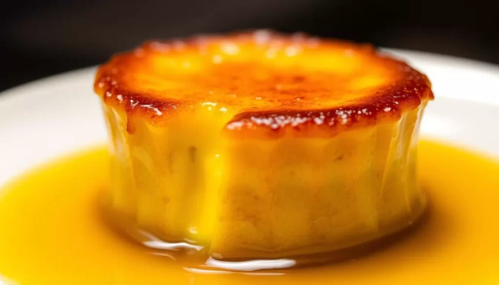 Generate an image of Le Champ's passion fruit creme brulee, highlighting the caramelized sugar on top and the vibrant passion fruit custard.