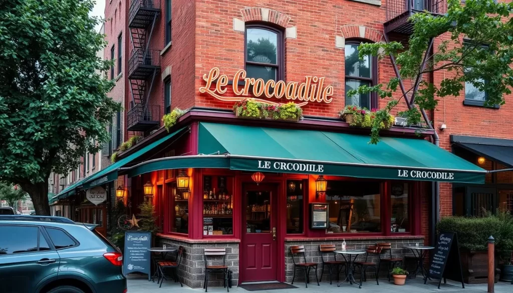 Generate an image of Le Crocodile's exterior in Williamsburg, Brooklyn.
