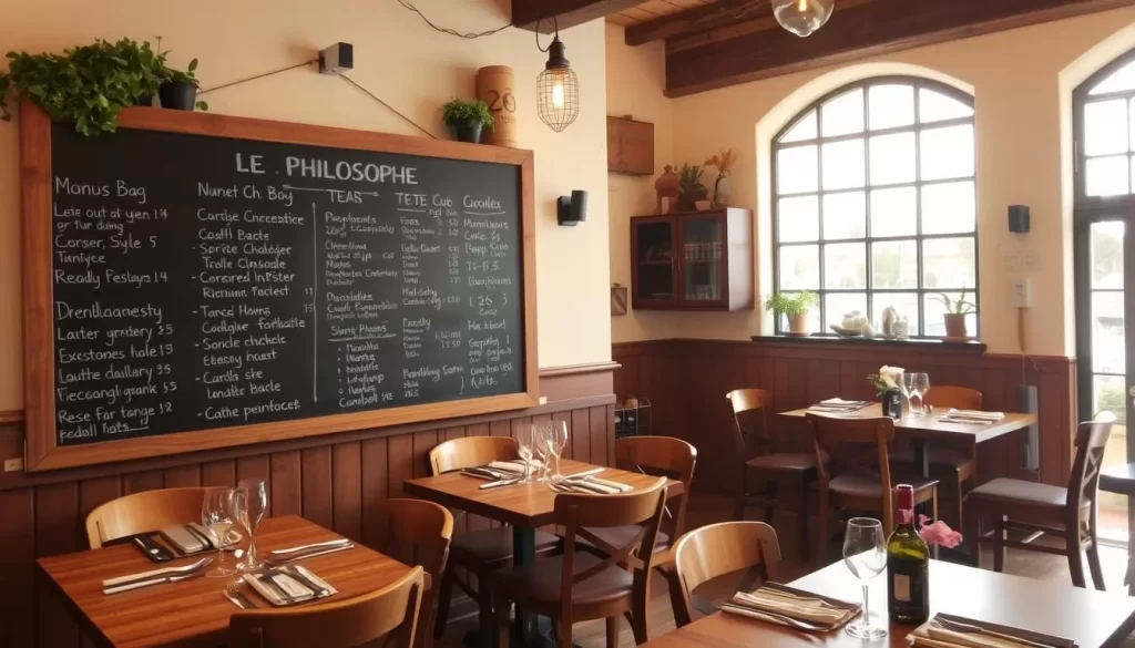 Generate an image of Le Philosophe's cozy dining area with a chalkboard menu and rustic decor.