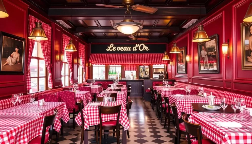 Generate an image of Le Veau d'Or on the Upper East Side, highlighting its iconic red gingham tablecloths.
