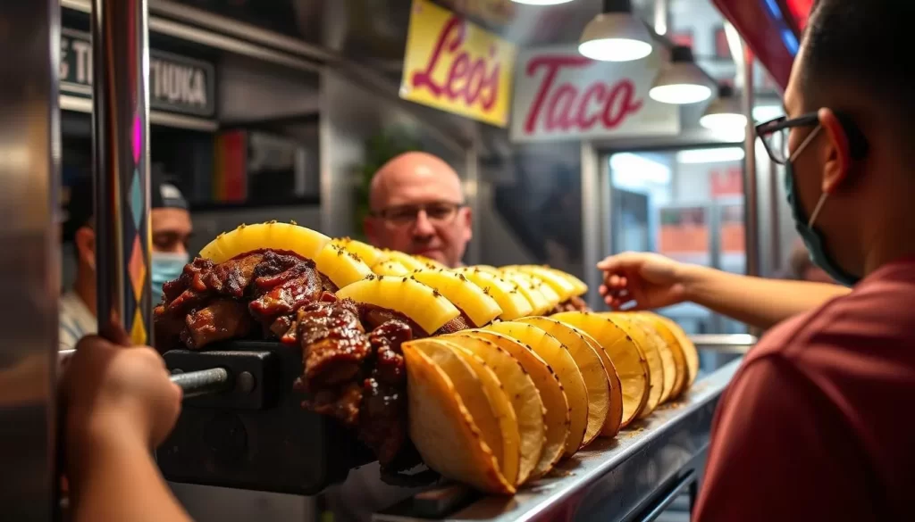 Generate an image of Leo's Taco Truck serving al pastor tacos with a trompo and pineapple.