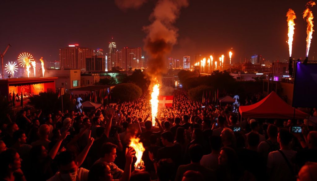 Generate an image of Liberation Day celebrations with music festivals and "freedom fires" across different cities.