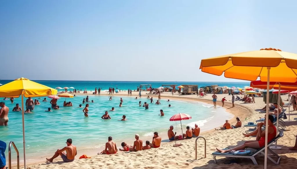 Generate an image of Lido Beach with people enjoying the sun, sea, and local seafood.