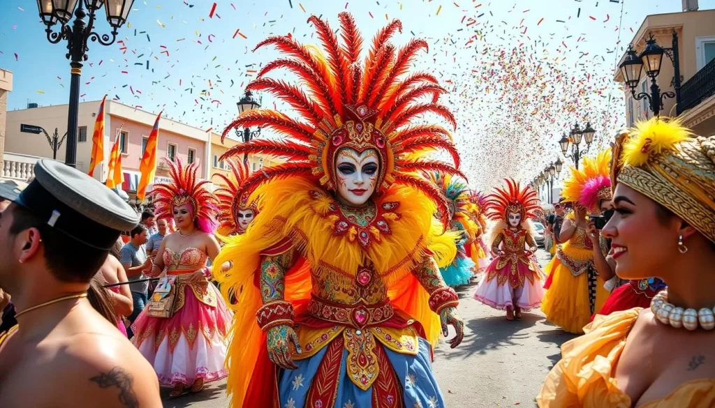 Generate an image of Limassol Carnival with people in elaborate costumes and grand parades.