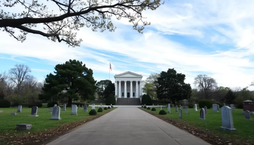 Generate an image of Lincoln Park, showing the serene landscape and hinting at the cemetery's dark history beneath.