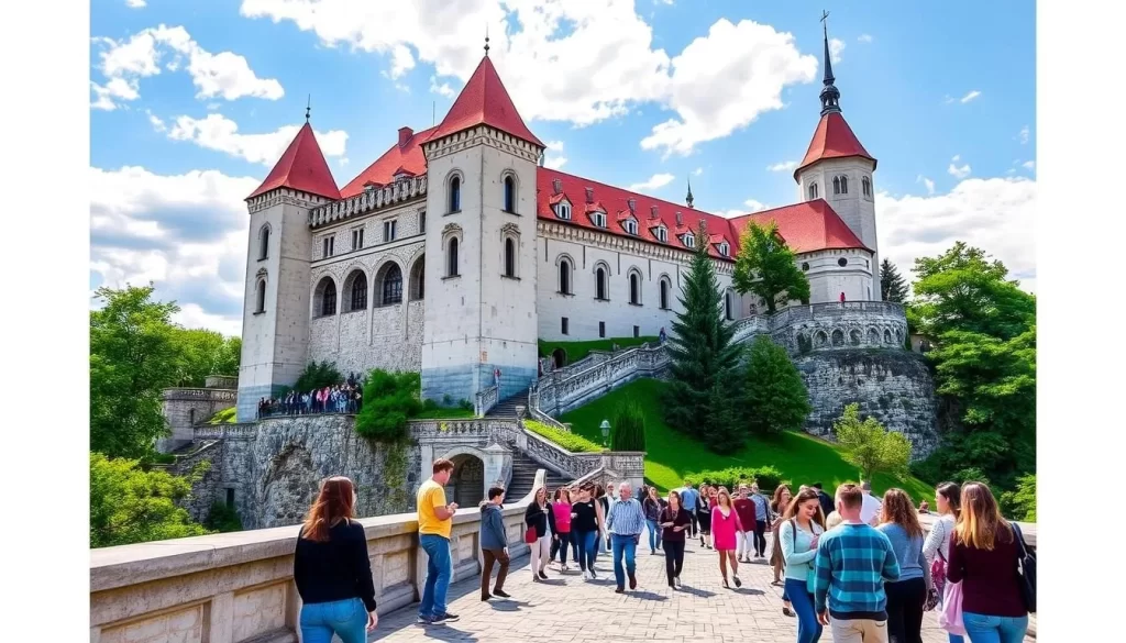 Generate an image of Ljubljana Castle with a mix of medieval architecture and modern visitors enjoying the Escape Castle experience.