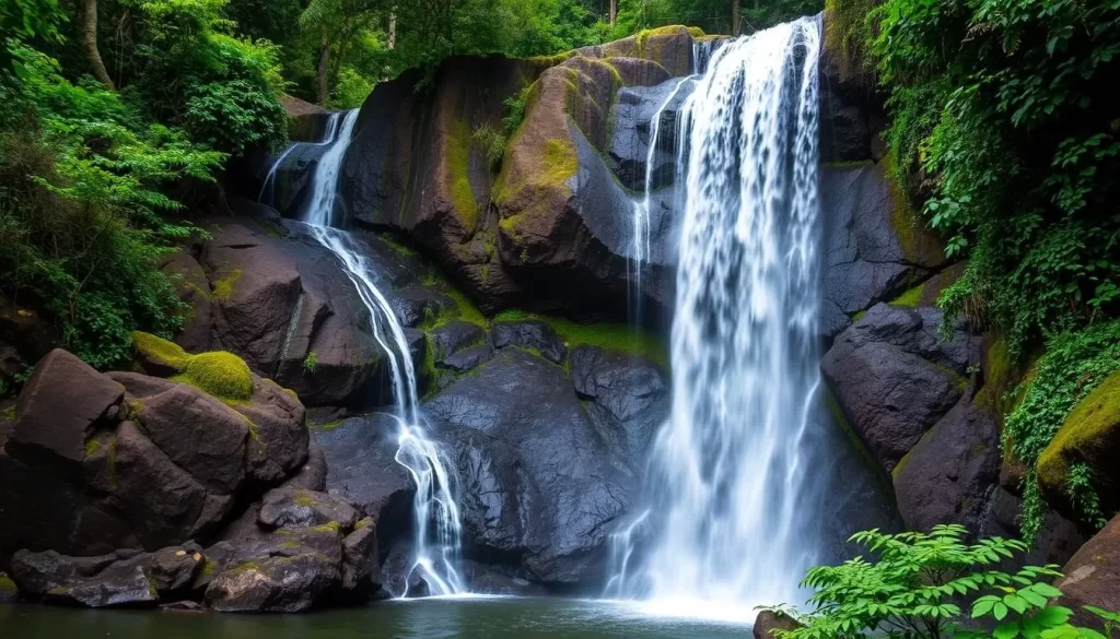 Generate an image of Los Tercios Waterfall in Suchitoto, El Salvador, showcasing its unique basalt formations.