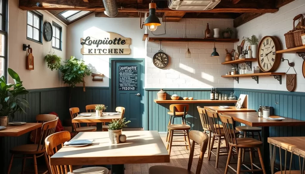 Generate an image of Loupiotte Kitchen in Los Feliz, highlighting its rustic farmhouse-style décor.
