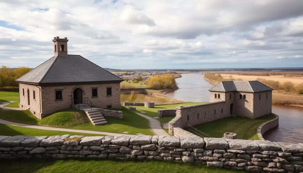 Generate an image of Lower Fort Garry National Historic Site with its stone buildings and the Red River in the background.