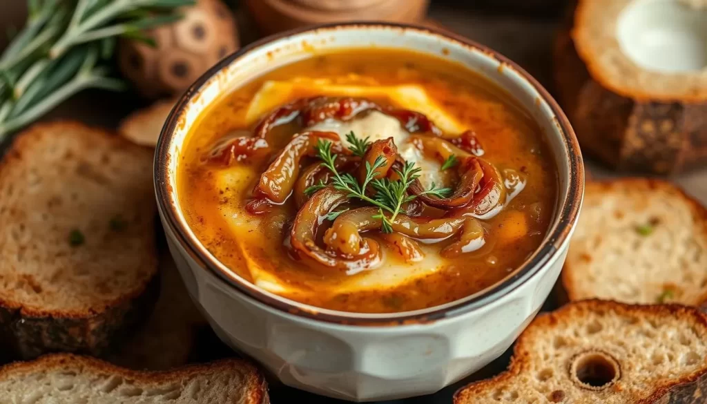 Generate an image of Lucien's French onion soup, highlighting its rich flavors and presentation.