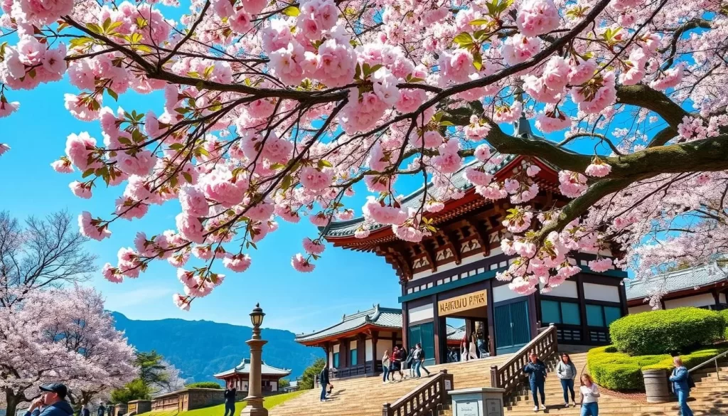 Generate an image of Maizurujo Park during cherry blossom season, showcasing its beauty and historical significance.