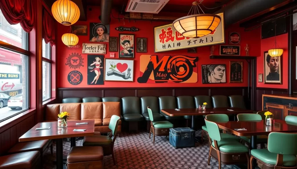 Generate an image of Mao Mao Thai restaurant in Brooklyn, with movie theater seats and suitcases used as tables, amidst a cinematic ambiance.