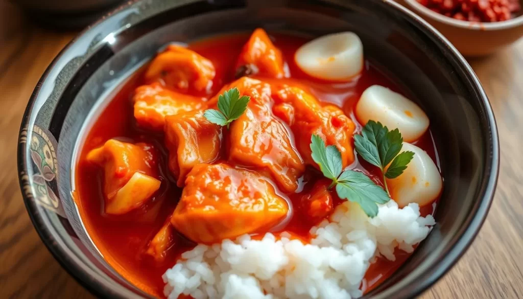 Generate an image of Mapo Chicken's signature bubbling red chicken dish, served with rice cakes and perilla leaves.