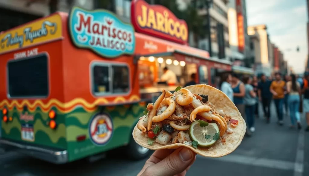 Generate an image of Mariscos Jalisco food truck in Los Angeles, capturing its popularity and a mouth-watering seafood taco.