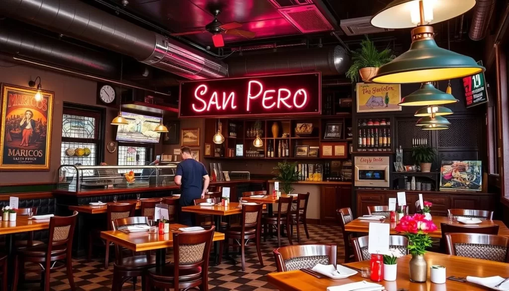 Generate an image of Mariscos San Pedro's interior in Pilsen's Thalia Hall.