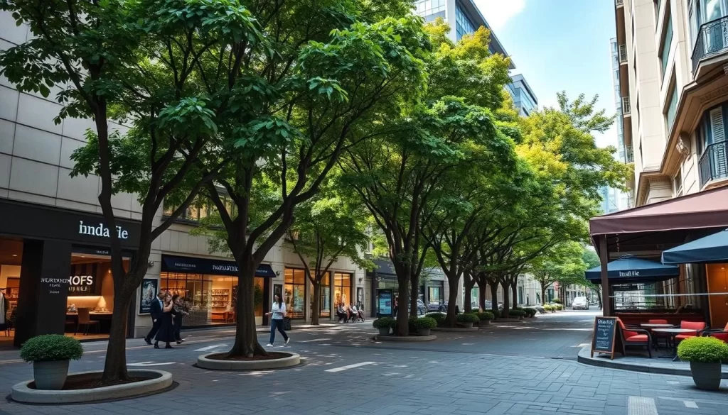 Generate an image of Marunouchi Nakadori Street, an elegant stone-paved avenue lined with trees that hosts numerous luxury brand boutiques, upscale restaurants, and stylish cafés.