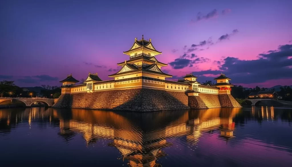 Generate an image of Matsue Castle surrounded by lanterns and water reflections