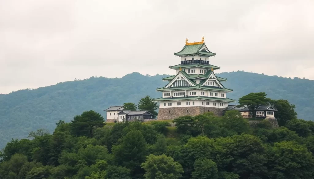 Generate an image of Matsuyama Castle's majestic structure atop a hill, surrounded by lush greenery.