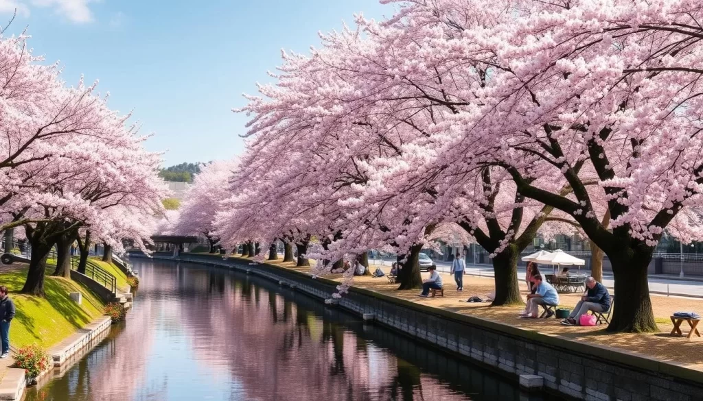 Generate an image of Meguro River during cherry blossom season, with blooming sakura trees lining the riverbank and people strolling or picnicking.