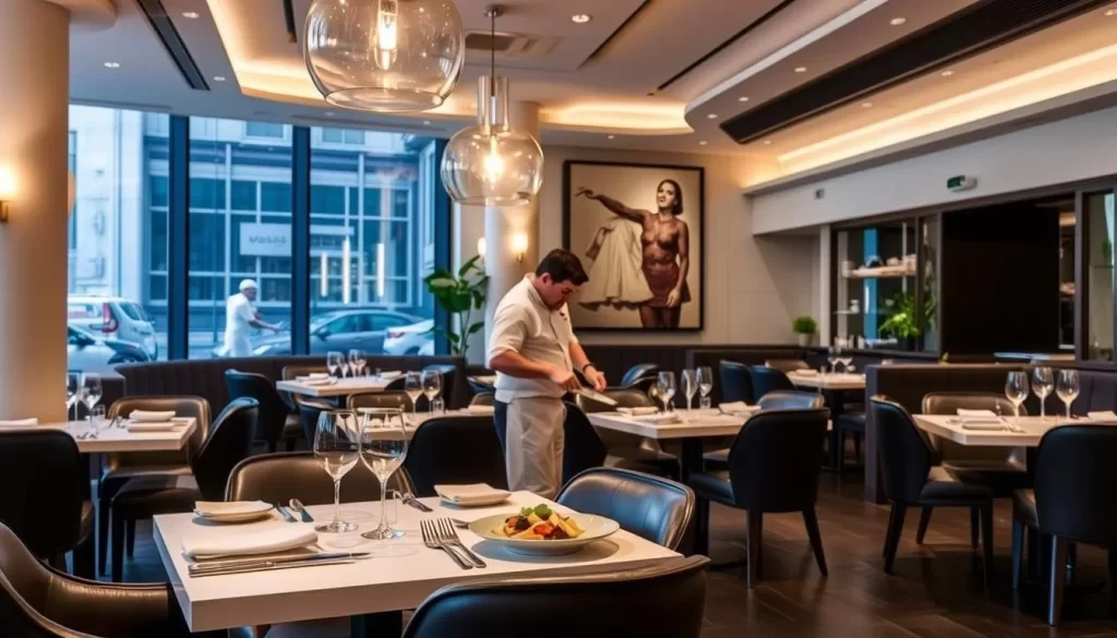 Generate an image of Mélisse's modern and elegant dining area with a chef expertly preparing a French dish.
