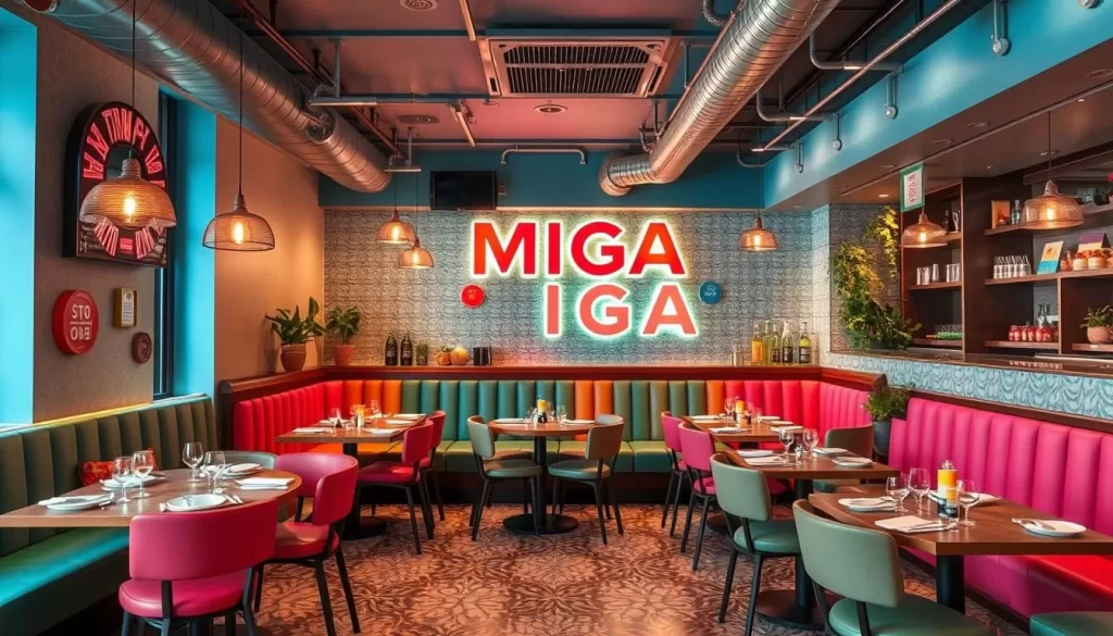 Generate an image of Miga Korean restaurant in Hackney, London, showcasing its modern and vibrant interior.