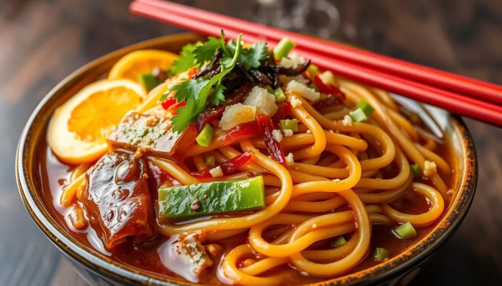Generate an image of Min's Noodle House's signature Chungking noodles.