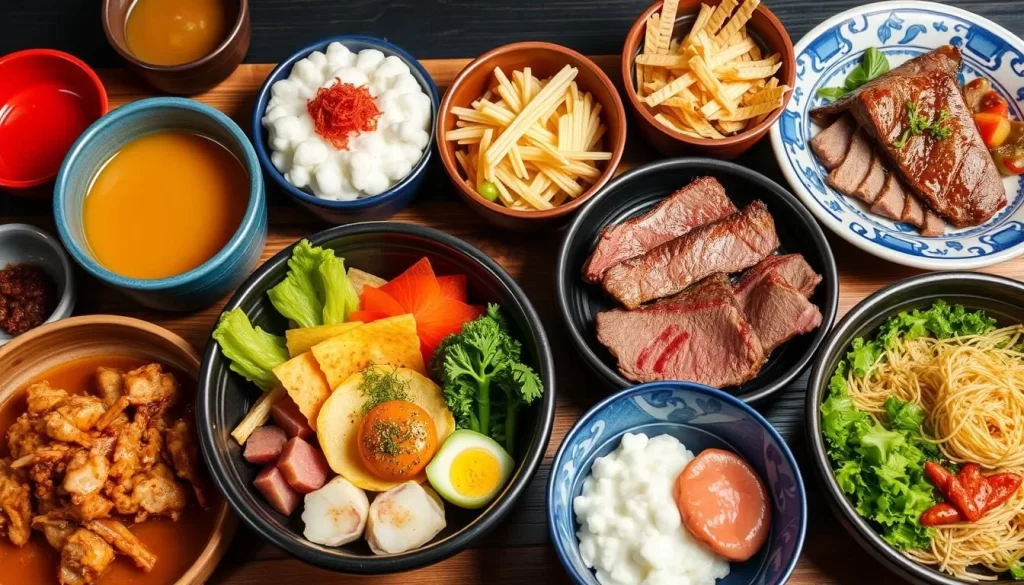 Generate an image of Mito's local specialties, such as natto, Hitachi beef, or kaisendon.