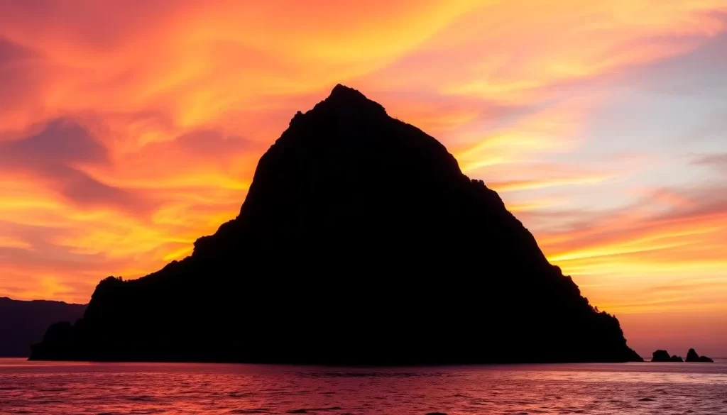 Generate an image of Mitsukejima Island at sunset, with the rock formation silhouetted against a vibrant sky.