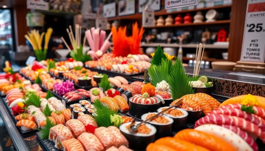 Generate an image of Mitsuwa Marketplace's sushi counter with a variety of sushi and sashimi.