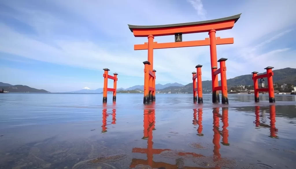 Generate an image of Miyajima Island's iconic floating torii gate during high tide.