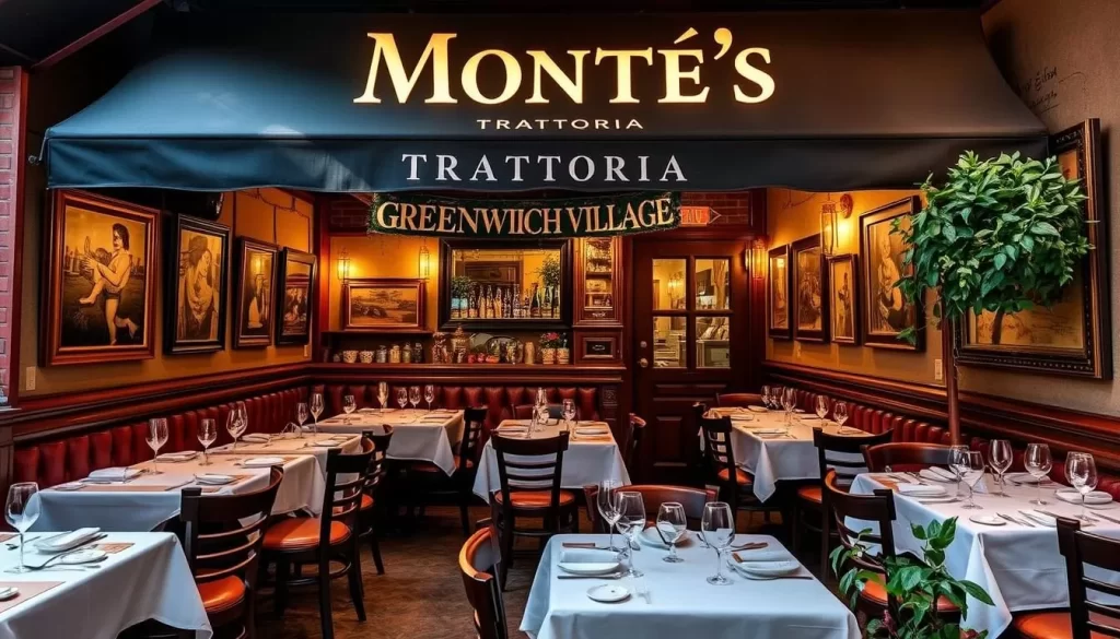 Generate an image of Monte's Trattoria in Greenwich Village, highlighting its cozy below-street-level dining area and traditional Italian decor.