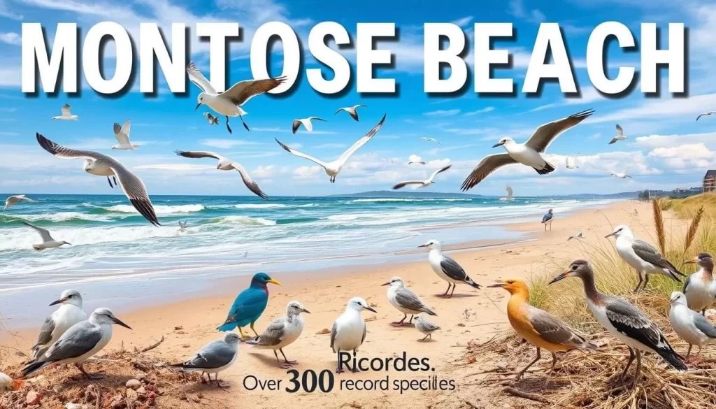 Generate an image of Montrose Beach, a popular spot for birdwatching with over 300 species recorded.
