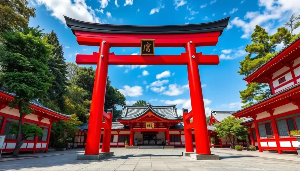 Generate an image of Morioka Hachimangu Shrine, highlighting its bright vermilion torii gate and serene courtyard.
