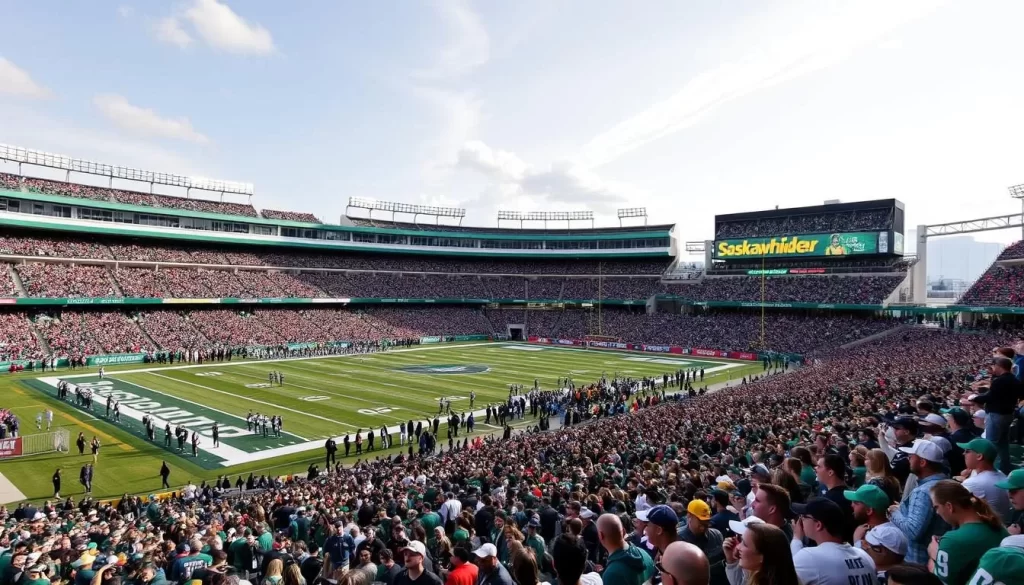 Generate an image of Mosaic Stadium, home of the Saskatchewan Roughriders, on game day with a packed crowd.