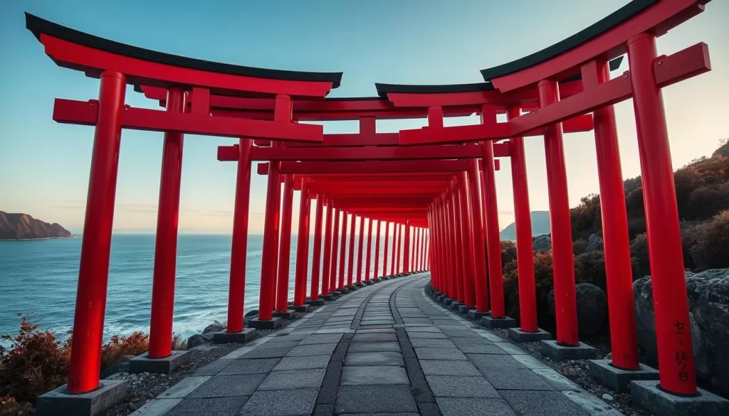 Generate an image of Motonosumi Inari Shrine with its 123 bright red torii gates forming a dramatic, zigzagging path down towards the ocean.