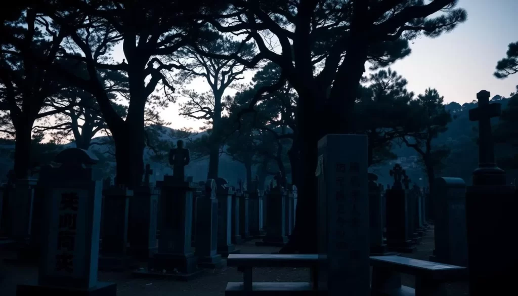Generate an image of Mount Koya's Okunoin Cemetery at dusk.