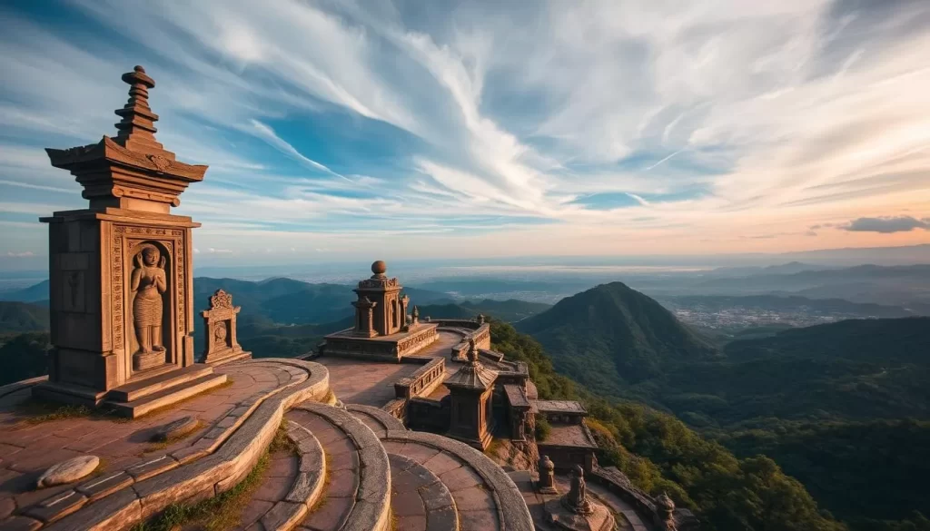 Generate an image of Mount Nokogiri's scenic landscape with ancient stone carvings and a panoramic view.