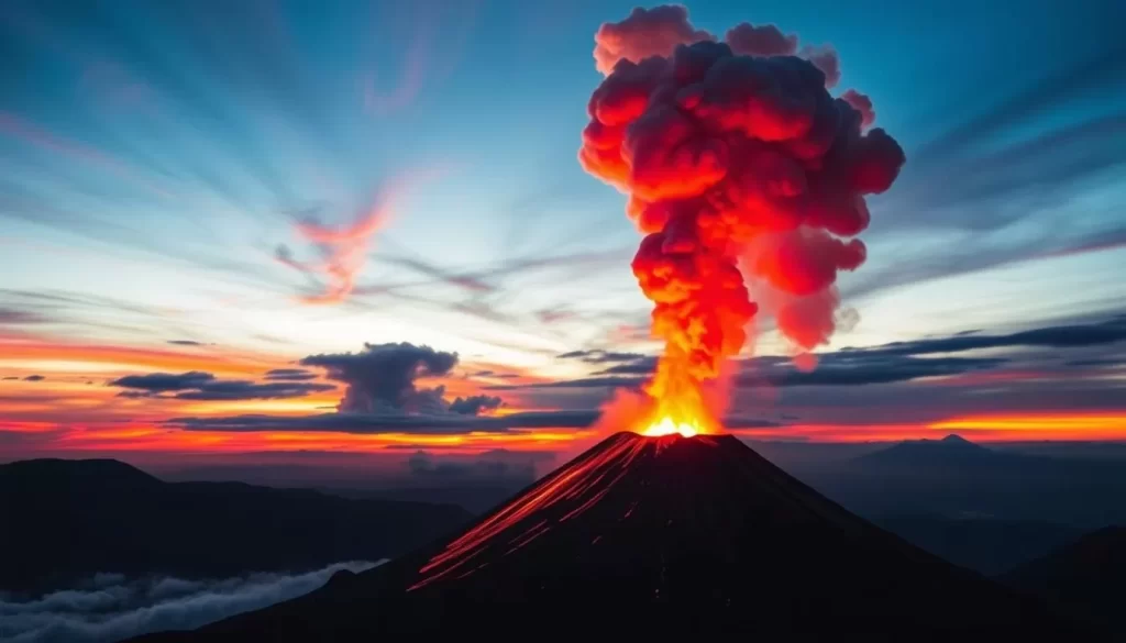 Generate an image of Mount Sakurajima erupting with a beautiful sunset in the background.