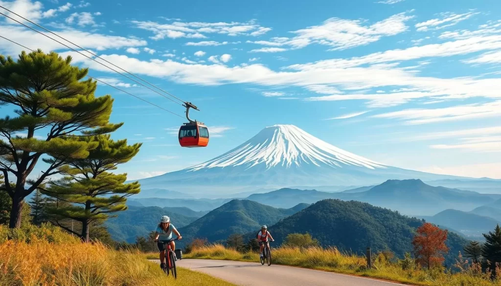 Generate an image of Mount Tsukuba's twin peaks with a ropeway in operation and people cycling in the foreground.
