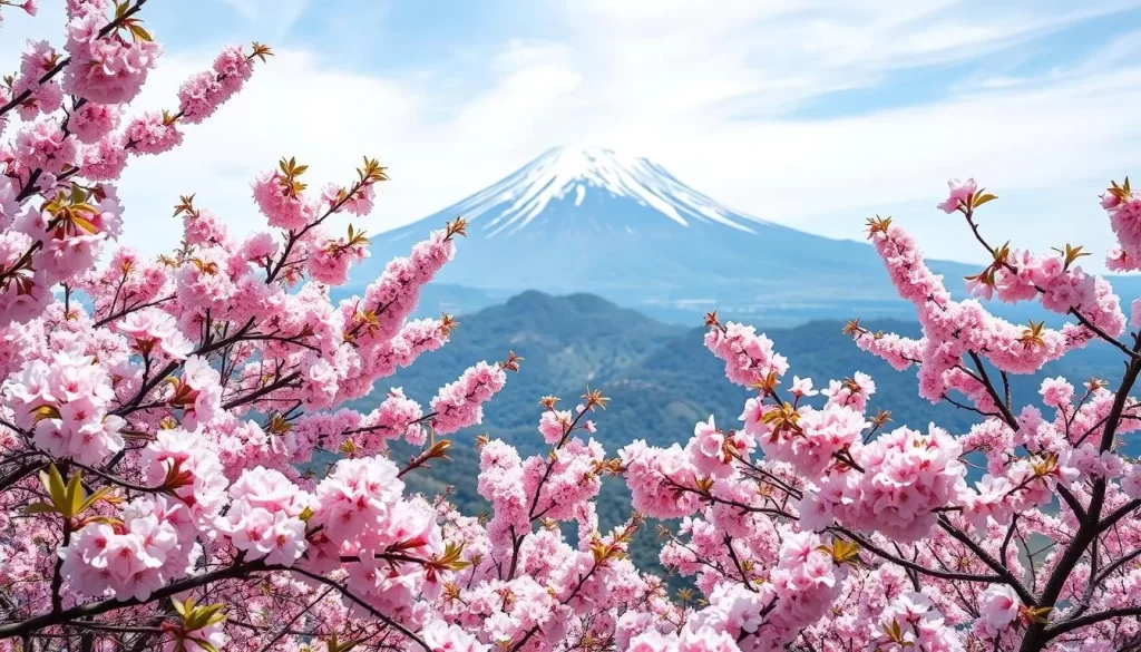 Generate an image of Mount Unzen with cherry blossoms in the foreground.