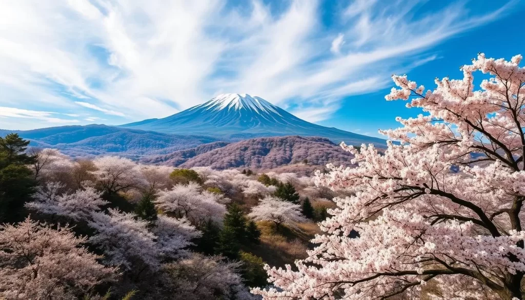 Generate an image of Mount Yoshino during cherry blossom season.