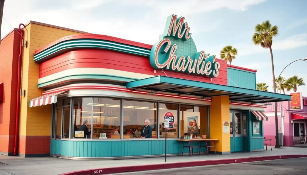 Generate an image of Mr. Charlie's, a vegan fast-food restaurant in Hollywood, with a playful, retro-style exterior that mimics a classic fast-food joint.