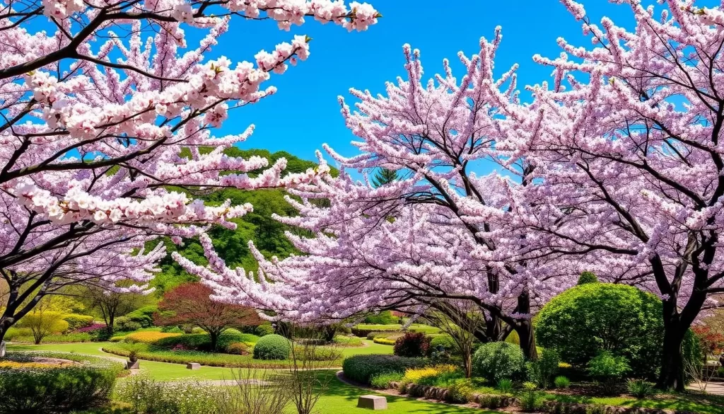 Generate an image of Mukojima Hyakkaen Gardens in bloom with its signature plum trees and other flowering plants.